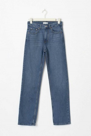 Women Gina Tricot Mid Straight Petite Jeans Blue | 75PKSALNV
