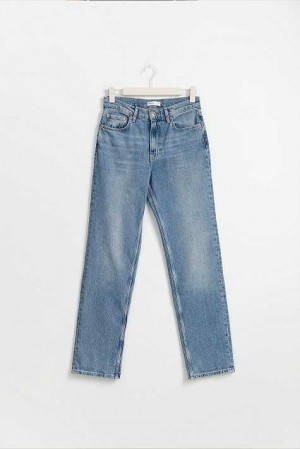 Women Gina Tricot Mid Straight Tall Jeans Blue | 19VKEAHNT