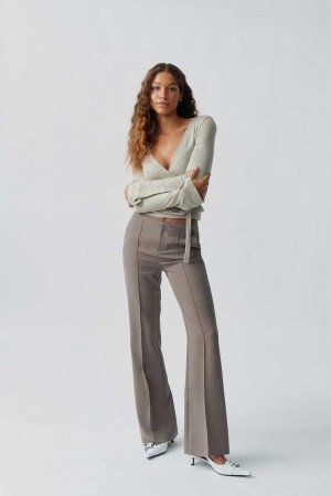 Women Gina Tricot Mid Waist Bootcut Trousers Beige | 51TFBMIPX