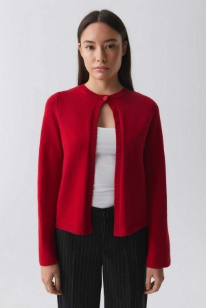 Women Gina Tricot One Button Knit Cardigan Red | 53RBIKJYA