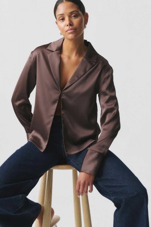 Women Gina Tricot Open Satin Shirts Beige | 74AITKROW