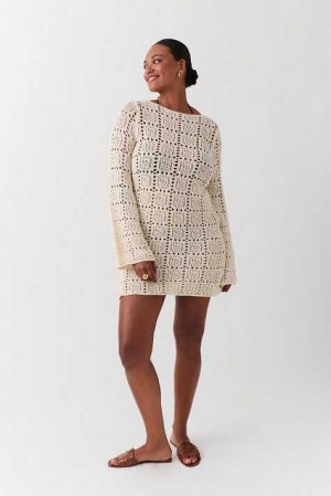 Women Gina Tricot Open Work Knitted Dress White | 27TOWQBFX