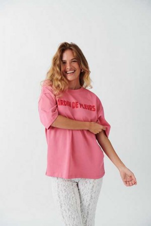 Women Gina Tricot Oversized Print T Shirts Pink | 64LXUHDWN