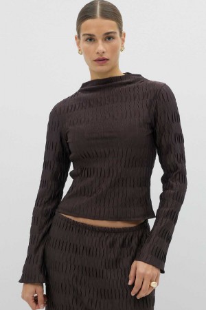 Women Gina Tricot Pleated Funnel Neck Top Brown | 47UPFSOVI