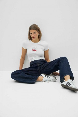 Women Gina Tricot Printed Tight Top White | 48UGISMPR
