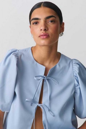 Women Gina Tricot Puff Sleeve Blouse Blue | 43EZUSCMJ