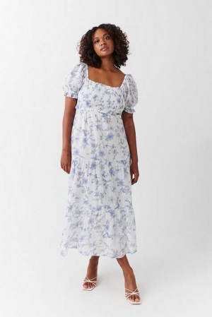 Women Gina Tricot Puff Sleeve Dress Blue | 68RQINWKG