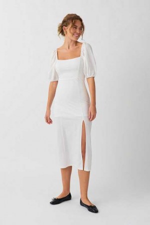Women Gina Tricot Puff Sleeve Midi Dress White | 13SLXHVBN