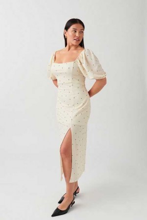 Women Gina Tricot Puff Sleeve Midi Dress White | 50WHVXEIG