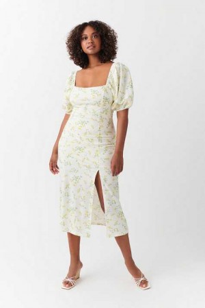 Women Gina Tricot Puff Sleeve Midi Dress White | 07TYPAQGF