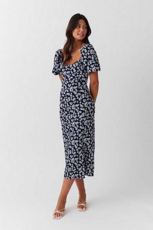 Women Gina Tricot Puff Sleeve Midi Dress Blue | 12SLVUMYK