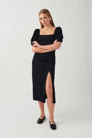 Women Gina Tricot Puff Sleeve Midi Dress Black | 35AORSGPJ