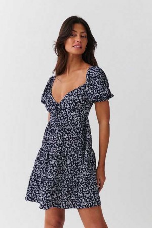 Women Gina Tricot Puff Sleeve Mini Dress Blue | 45WPZGQFL