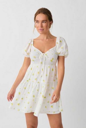 Women Gina Tricot Puff Sleeve Mini Dress White | 40BZDHYTF