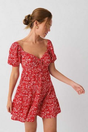 Women Gina Tricot Puff Sleeve Mini Dress Red | 72MIEJHDS