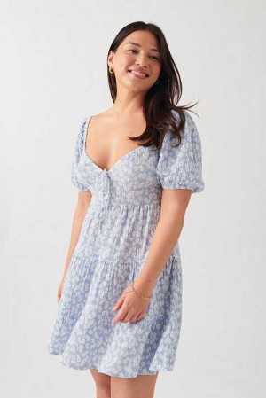 Women Gina Tricot Puff Sleeve Mini Dress Blue | 52KUNCGVW