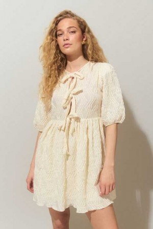 Women Gina Tricot Puff Sleeve Tie Dress White | 74ZCGMQBD