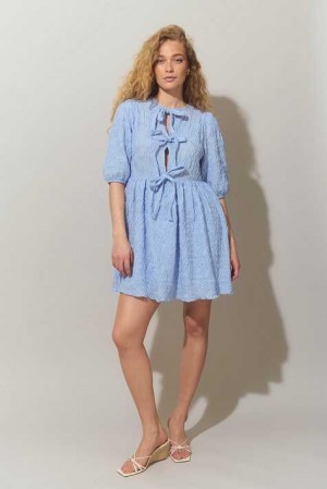 Women Gina Tricot Puff Sleeve Tie Dress Grey | 06NOLVYIU