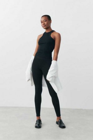 Women Gina Tricot Punto Di Roma Leggings Black | 05BOACFJS