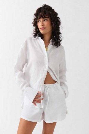 Women Gina Tricot Relaxed Linen Blend Shorts White | 09YWHLBGP