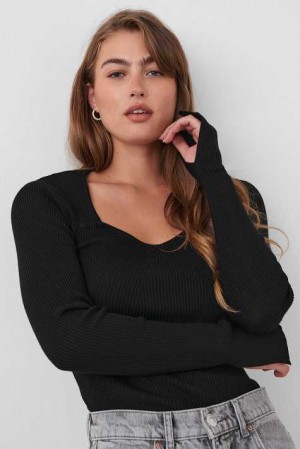 Women Gina Tricot Rib Knitted Sweaters Black | 76AEHQNLC