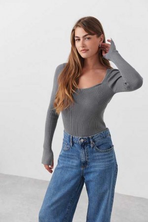 Women Gina Tricot Rib Knitted Sweaters Grey | 86RXSJUNW