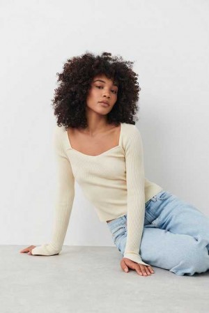 Women Gina Tricot Rib Knitted Sweaters White | 32TLASDNH