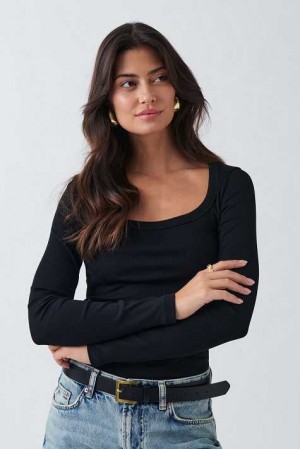 Women Gina Tricot Rib Long Sleeve Top Black | 04IDWVJNE