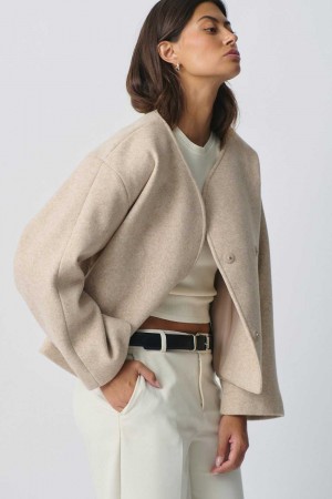 Women Gina Tricot Round Neck Short Jacket Beige | 63RICHWJX