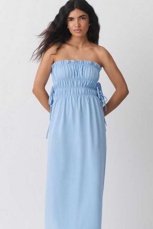 Women Gina Tricot Ruched Tube Dress Blue | 81XQCLHWV