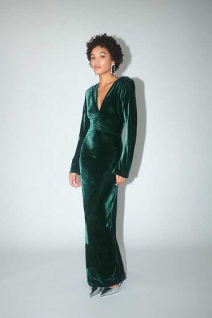 Women Gina Tricot Ruched Velvet Maxi Dress Green | 46APHYRXB