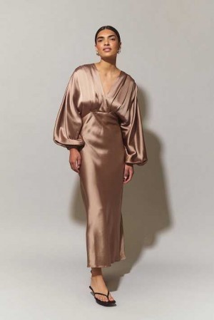 Women Gina Tricot Satin Midaxi Dress Beige | 69KFXLPZY