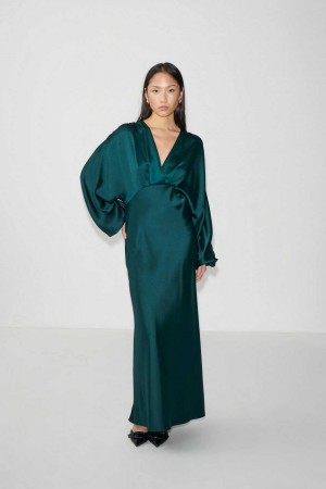 Women Gina Tricot Satin Midaxi Dress Green | 09PVMEYFU