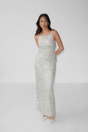 Women Gina Tricot Sequin Maxi Skirts White | 76ADLQIMU