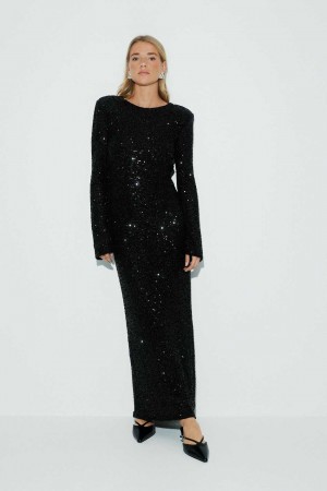 Women Gina Tricot Sequins Maxi Dress Black | 76VTWZMNA