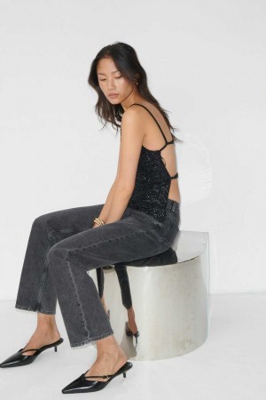 Women Gina Tricot Sequins Top Black | 79YQMORCS