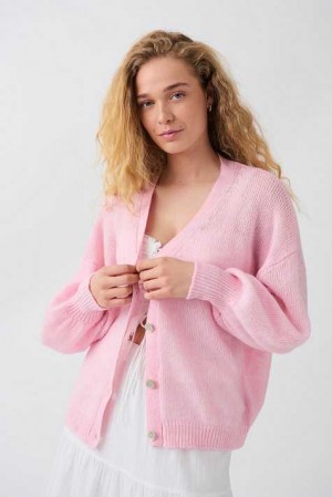 Women Gina Tricot Sheer Knitted Cardigan Pink | 81NKQRELB
