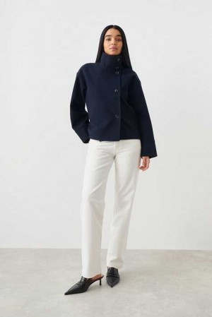 Women Gina Tricot Short Felt Jacket Blue | 75OWVKMZS