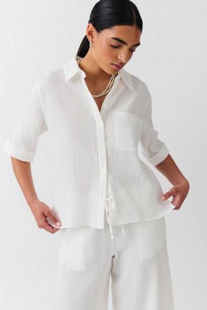 Women Gina Tricot Short Sleeve Gauze Shirts White | 73PKJALSD