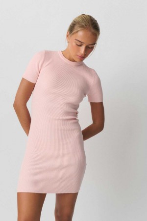 Women Gina Tricot Short Sleeve Knit Dress Pink | 53ENQXBWV