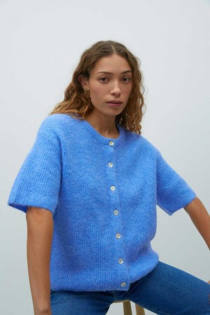 Women Gina Tricot Short Sleeve Knitted Cardigan Blue | 93JOGHDEB