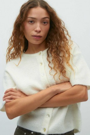 Women Gina Tricot Short Sleeve Knitted Cardigan White | 01VNMUGJX
