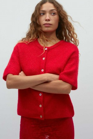 Women Gina Tricot Short Sleeve Knitted Cardigan Red | 62JFTUNGP