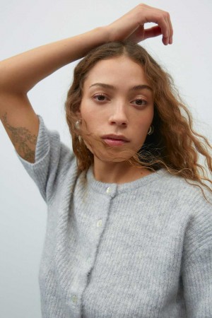 Women Gina Tricot Short Sleeve Knitted Cardigan Grey | 12LHDYWJA