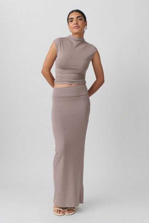 Women Gina Tricot Soft Touch Folded Maxi Skirts Grey | 45QHGZSAO