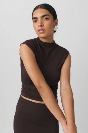 Women Gina Tricot Soft Touch Funnel Neck Top Brown | 16QFOJUXI