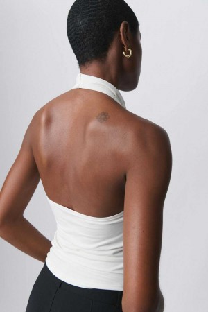 Women Gina Tricot Soft Touch Halterneck Top White | 42IROXKWC
