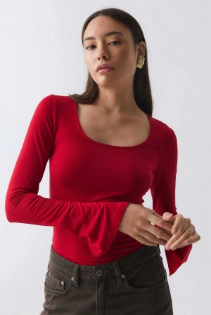 Women Gina Tricot Soft Touch Jersey Tops Red | 63LFPCNVM