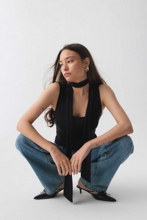 Women Gina Tricot Soft Touch Scarf Tank Top Black | 95XWMVTQZ