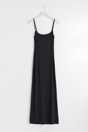 Women Gina Tricot Soft Touch Tall Maxi Slip Dress Black | 74VGLKPXI